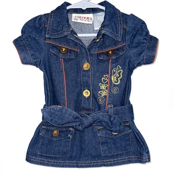 Vintage Carters Baby Girl Denim Belted Embroidered Butterfly Western Dress 12M - Picture 2 of 9